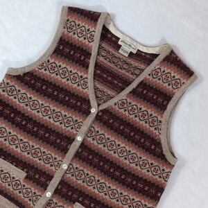 Eddie Bauer Lambswool Fair‎ Isle Knit Vest Womens Medium V-Neck Button Front 90s